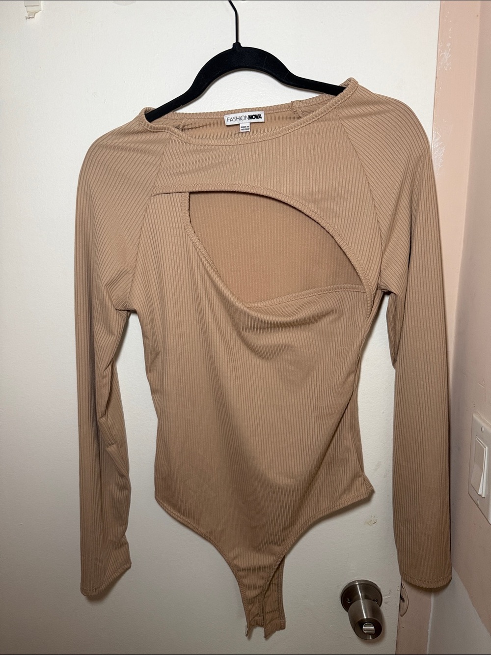 Fashion Nova Ribbed Cutout Long-Sleeve Bodysuit in Beige Tan